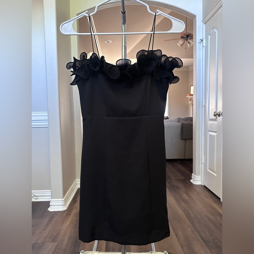 Glam Black Spaghetti Strap Dress with Ruffle Detail